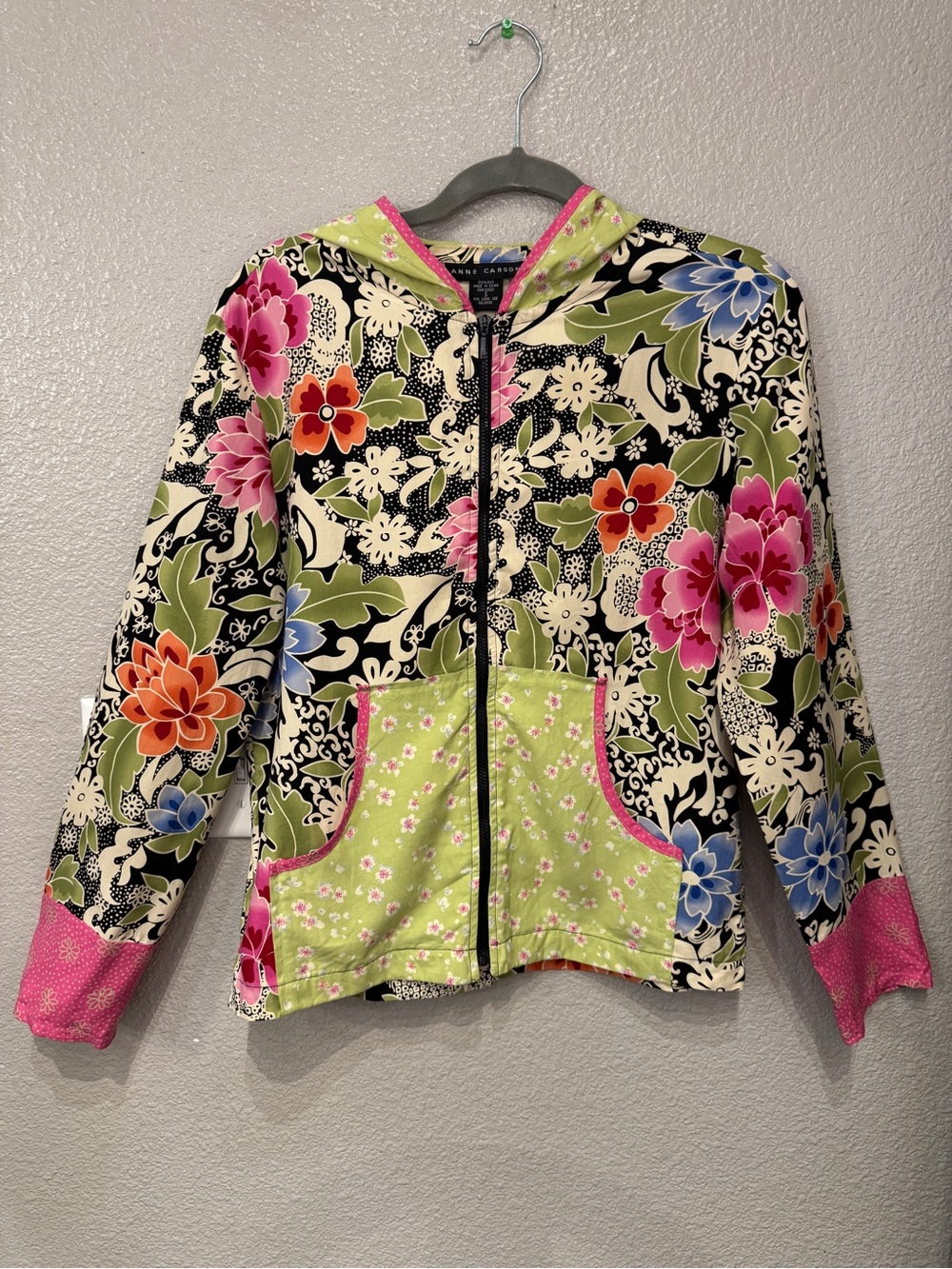 Anne Carson 100% Silk Floral Zip Hooded Jacket Cottagecore Garden Whimsical